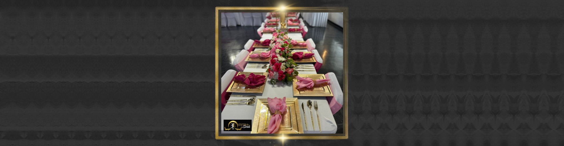 long table set with plates and cutlery